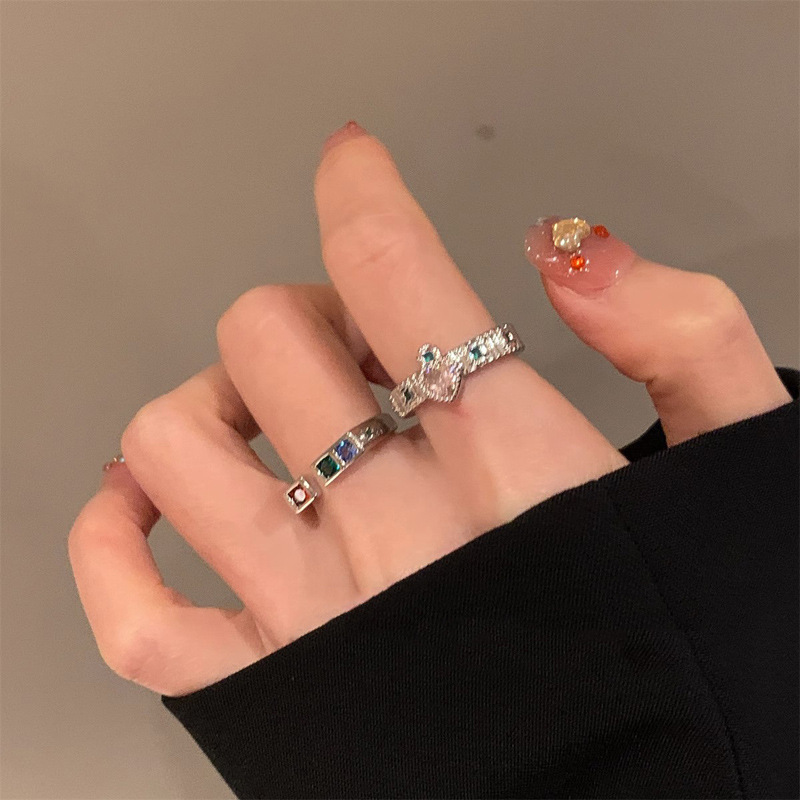 Colorful dopamine heart-shaped rainbow zircon ring for women's Instagram niche design, cold style, sweet and cool, hot girl personality, trendy details Picture
