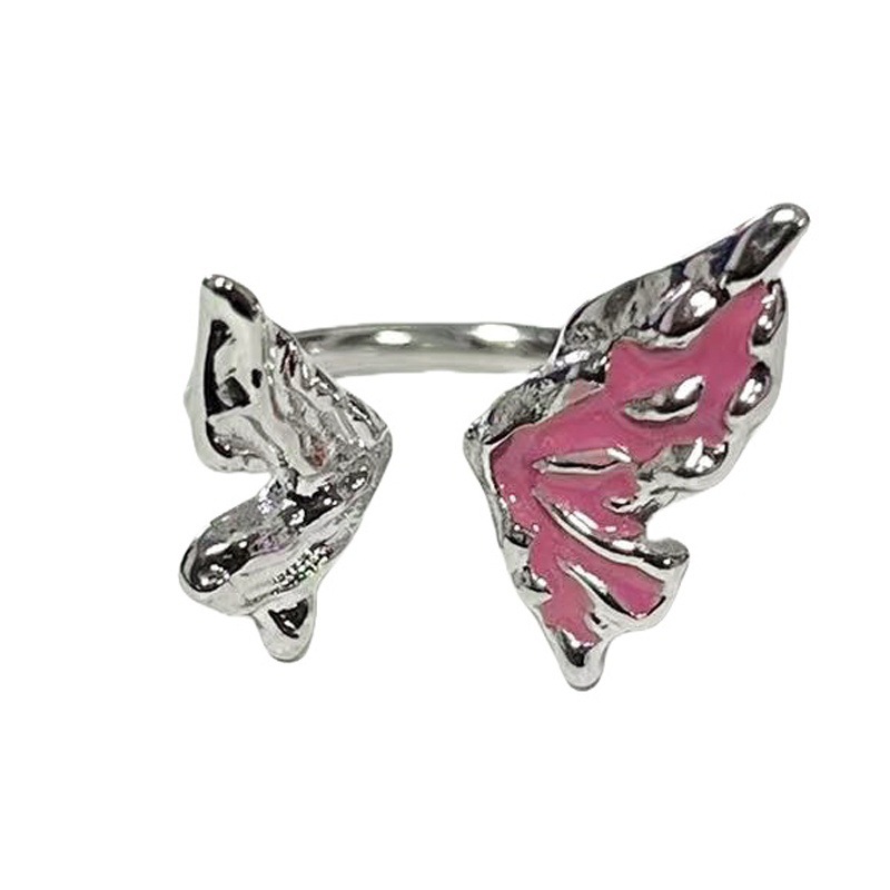 Irregular sweet and cool liquid texture pink drip glaze butterfly opening ring for women, simple, individual, fashionable and versatile ring Item Picture