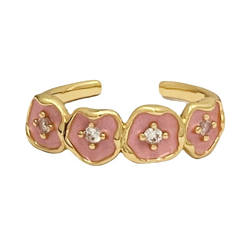 French-style hollowed-out flower glazed open ring, metal girl's niche retro cat paw simple and elegant ring Item Picture