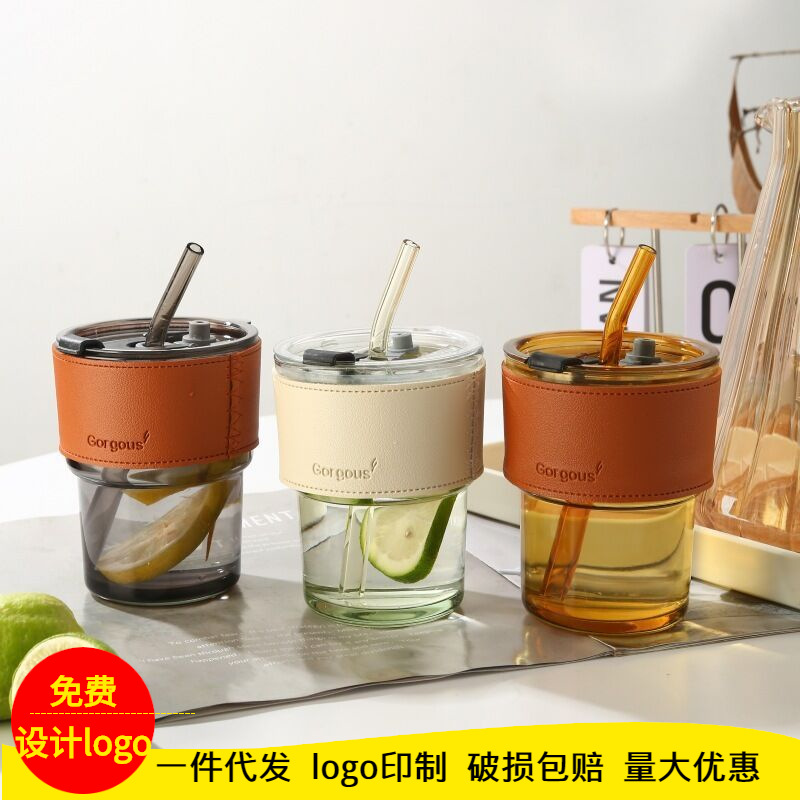 The popular bamboo joint cup, InS-style straw, double-drinking coffee cup, advertising gift, glass water cup with logo printing full figure