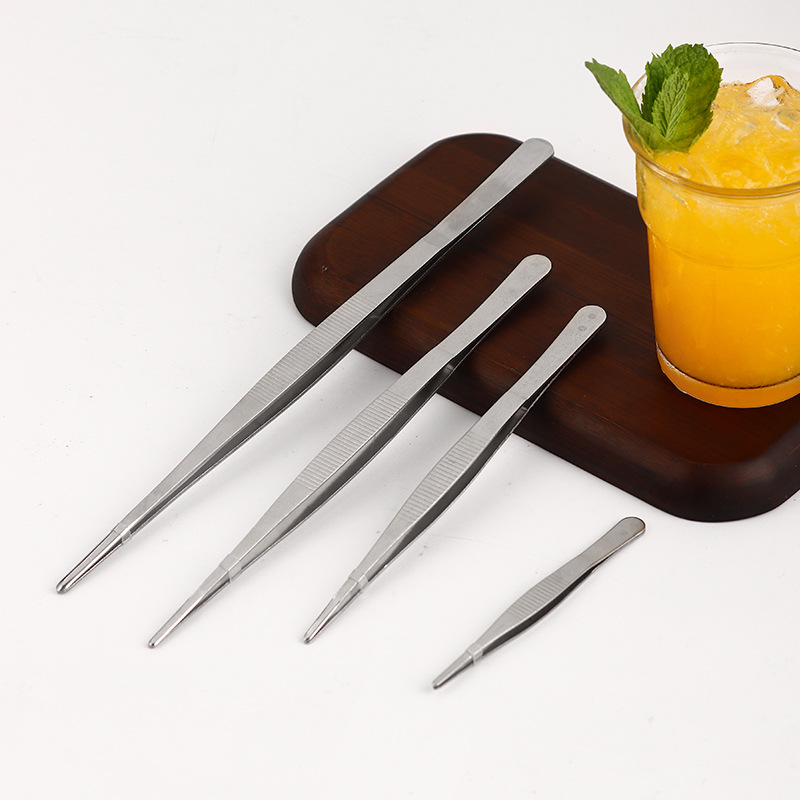 Stainless steel tweezers, anti-slip, extended, pointed straight head, elbow, toothed, bristle, thickened and hardened tweezers, cocktail decoration clips full figure