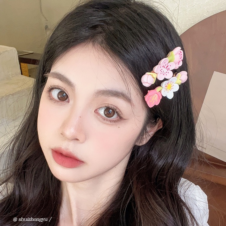 Pink peach blossom hair clips for women's summer side bangs, hair clip clips, headwear, 2023 trendy new one-line clip Specification drawing