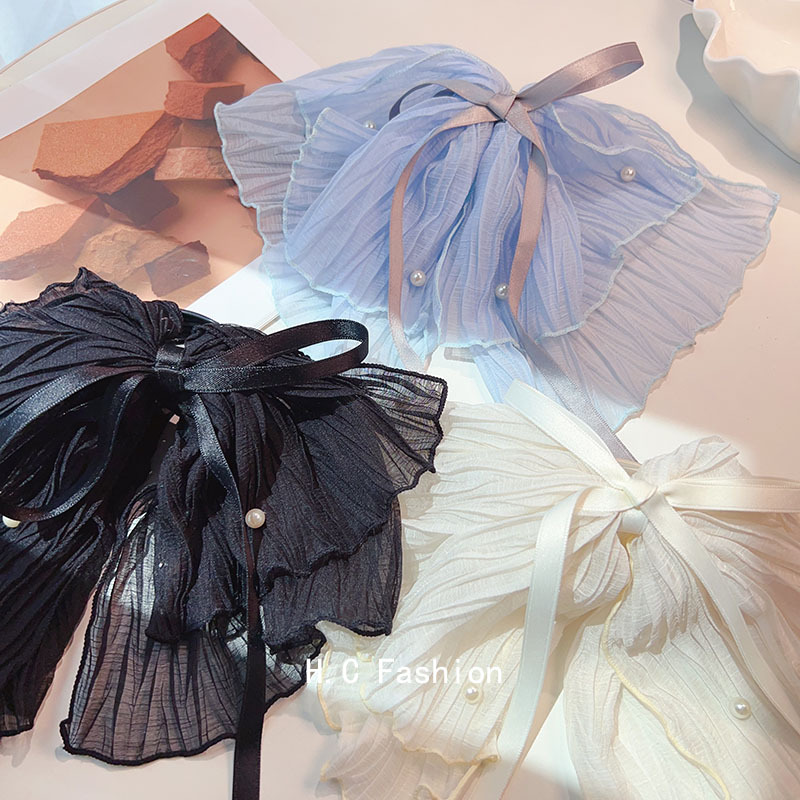 Korean sea salt blue daily mesh silk ribbon bow ponytail grab with pearl embellishment, high skull top fixed hairpin for a woman Specification drawing