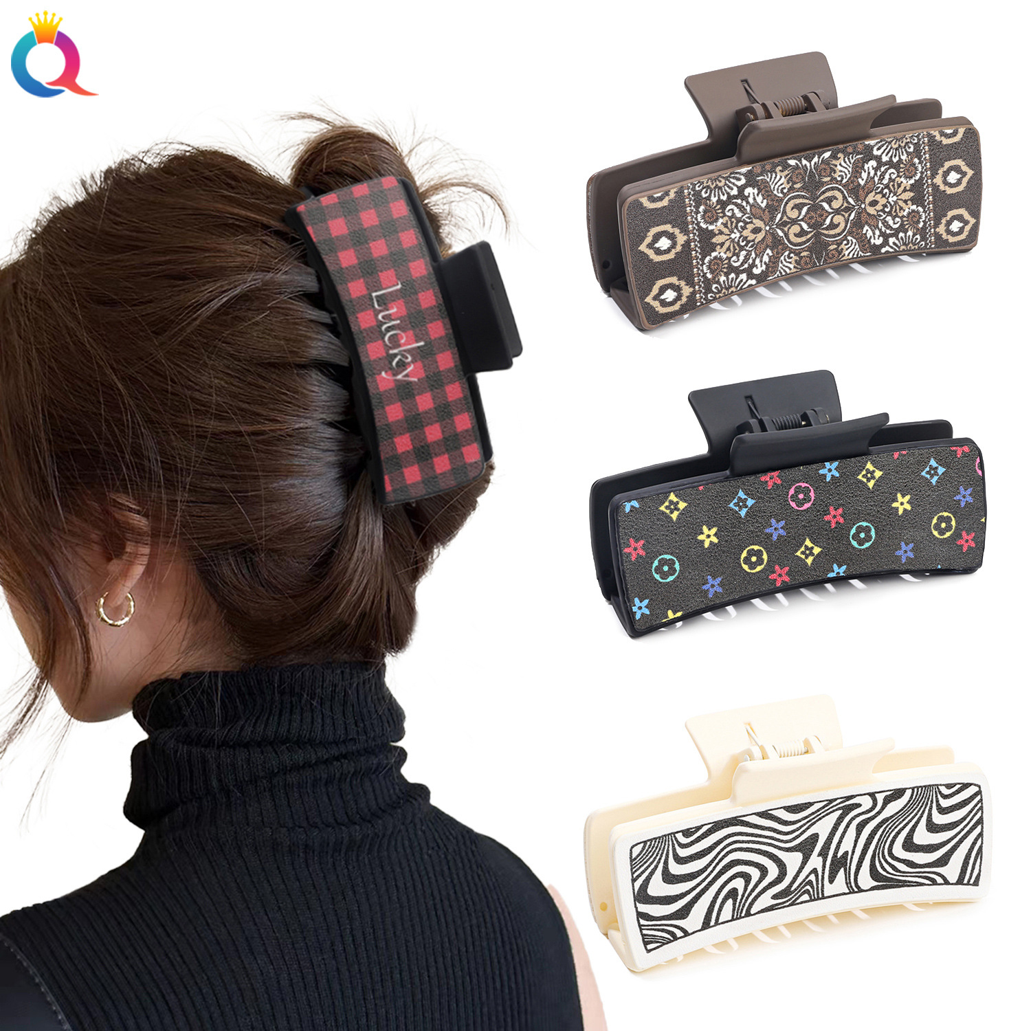 Qiyue Cross-border Retro PU Shark Clip, leather hair clip, Amazon Women's back head updo, grappling clip and hair accessory wholesale full figure