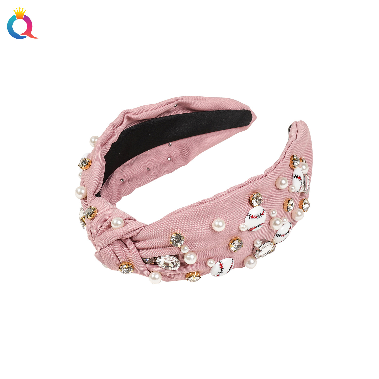 Wholesale of Qiyue Amazon Rugby diamond-encrusted and knotted headbands for women's light luxury pearl hair lifting and high head headbands Item Picture