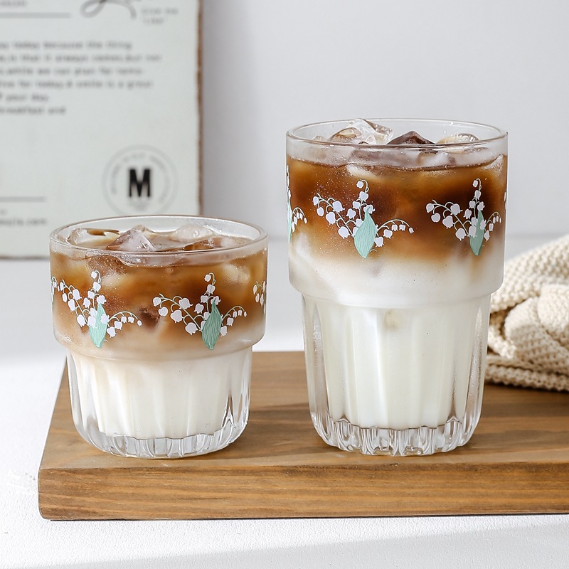 Lily of the valley flower cup, Korean InS-style iced coffee cup, glass cup, fresh and girlish Coco milk tea cup, can be stacked Specification drawing