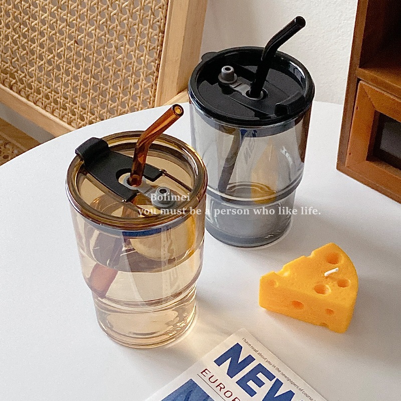Bolimei Korean InS-style tea-colored glass straw cup, student covered water cup, large-capacity glass cup Specification drawing