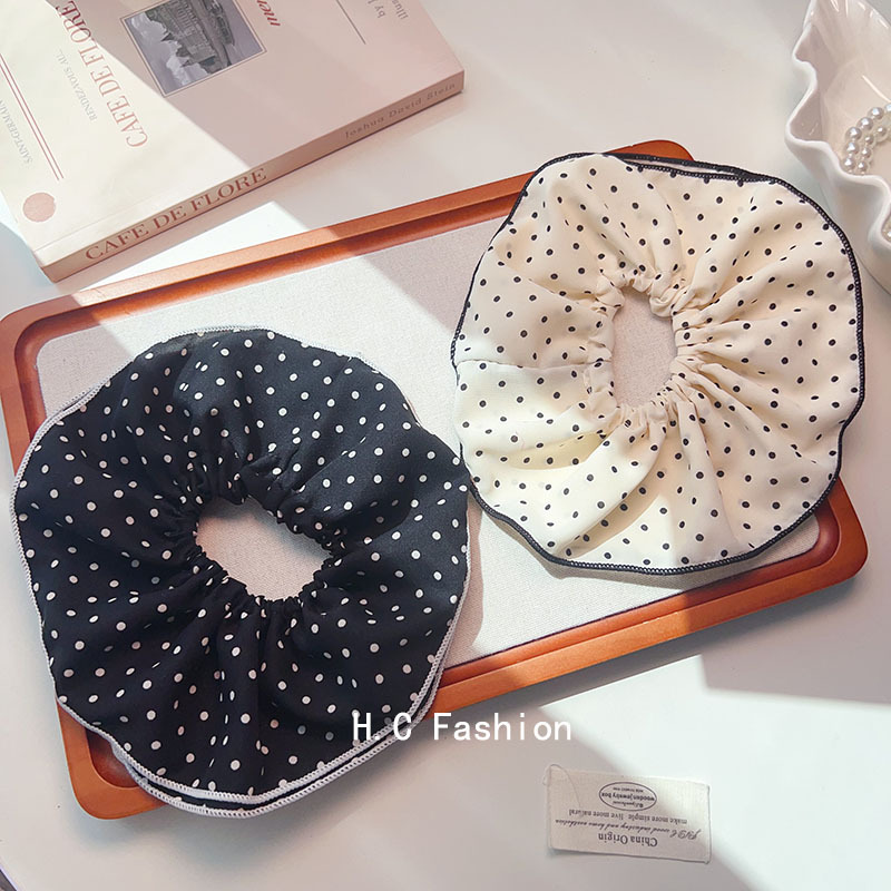 Large double-layer polka dot large intestine hair band, French style ponytail hair tie, wide fabric bun hair tie for women, headwear details Picture