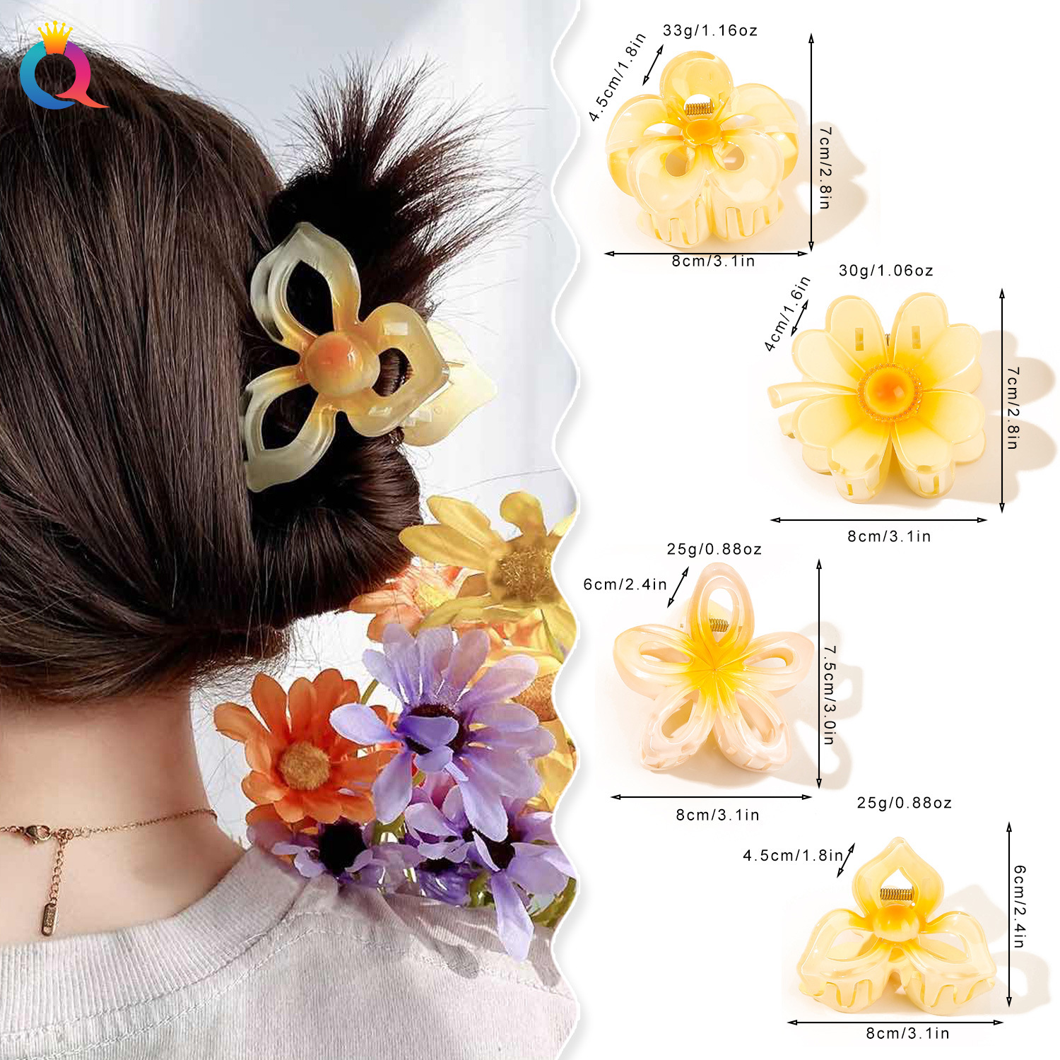 Qiyue Cross-border Colorful egg Flower hair clip, four-leaf clover bun, shark clip, sweet hair accessory, Korean version headwear wholesale details Picture