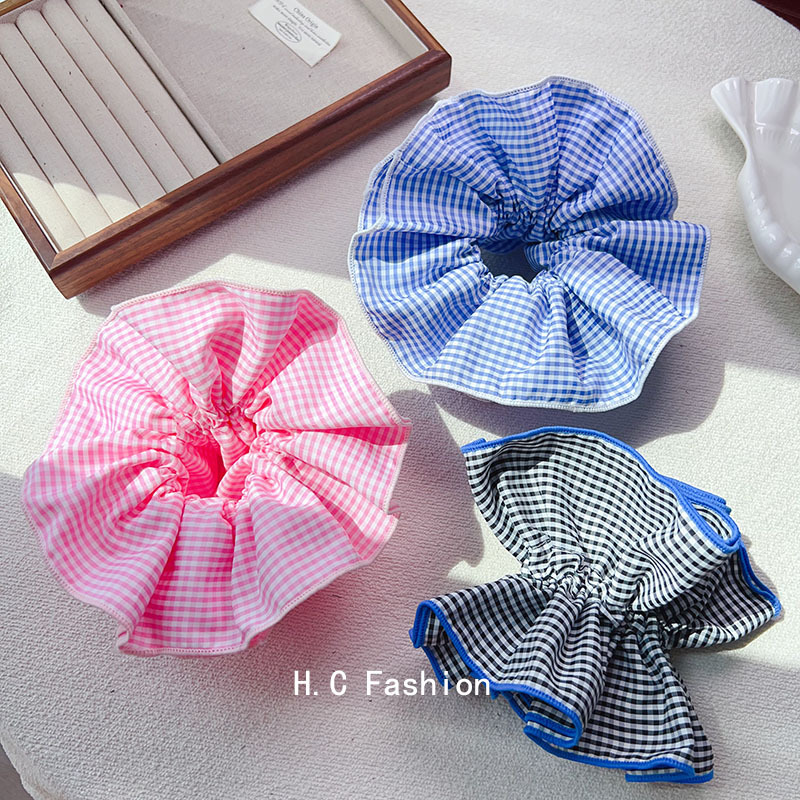A new sweet blue double-layer checkered large intestine hair band with a high-end female look and a simple Korean-style hair accessory for the back of the head details Picture