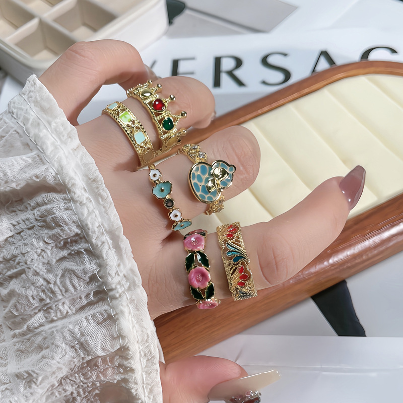 French gentle and light luxury flower enamel drop glaze open ring, sweet and cool gourd, high-end and exquisite layered ring Specification drawing