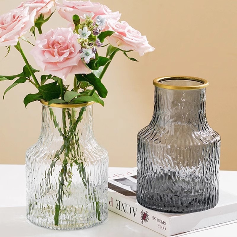 Simple hammer-patterned glass vase decoration with a light luxury and high-end feel. Wholesale of transparent water-grown fresh flower vases for the living room Specification drawing