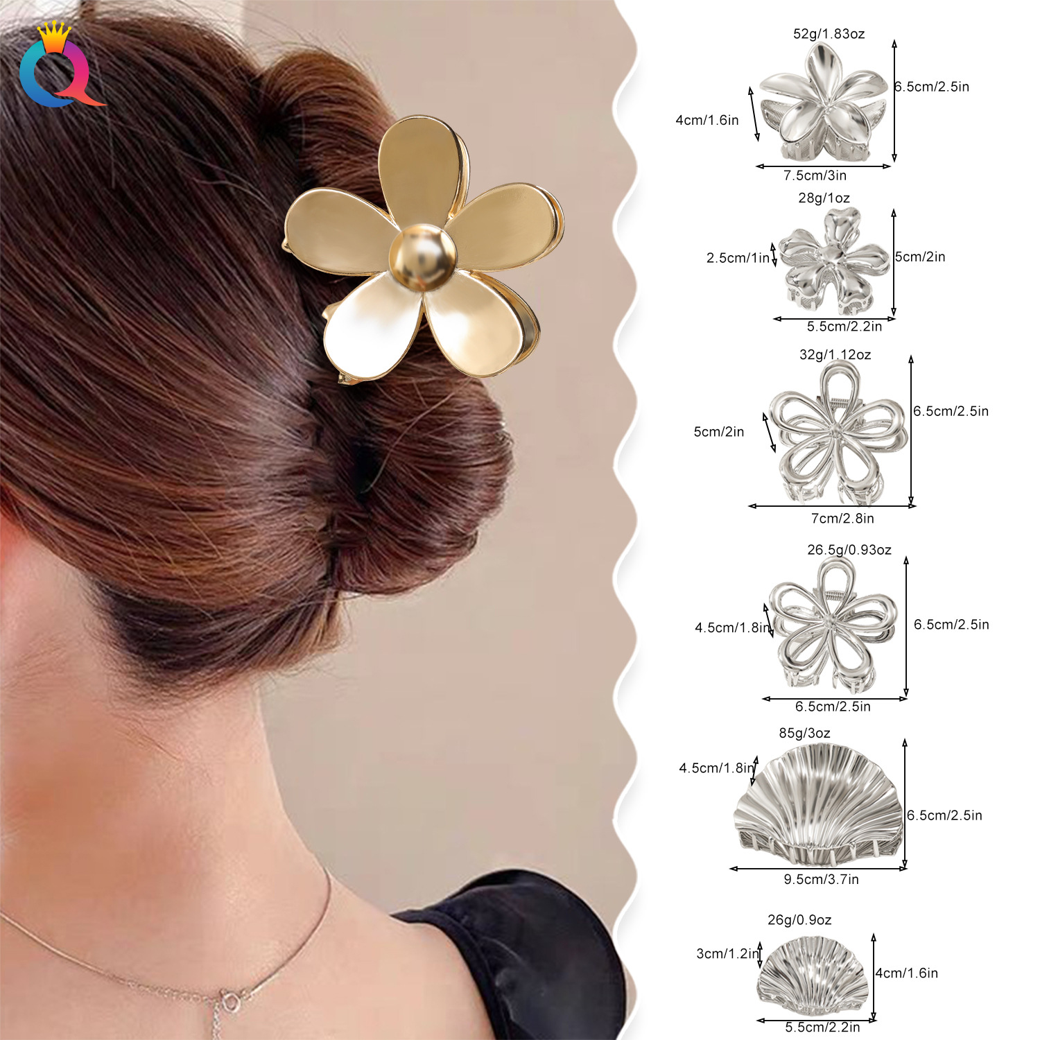 Qiyue Cross-border Metal frellia Hair Clips, Light luxury shell hair curls, claw clips, back of the head, shark clips, hair accessories wholesale details Picture