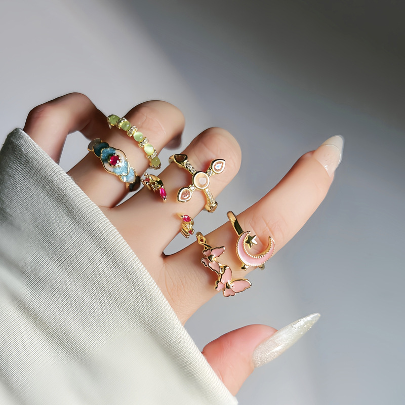 【 Enamel Qilu 】 New Chinese-style retro enamel Open ring, pink butterfly Star Moon cross index finger ring for women Specification drawing