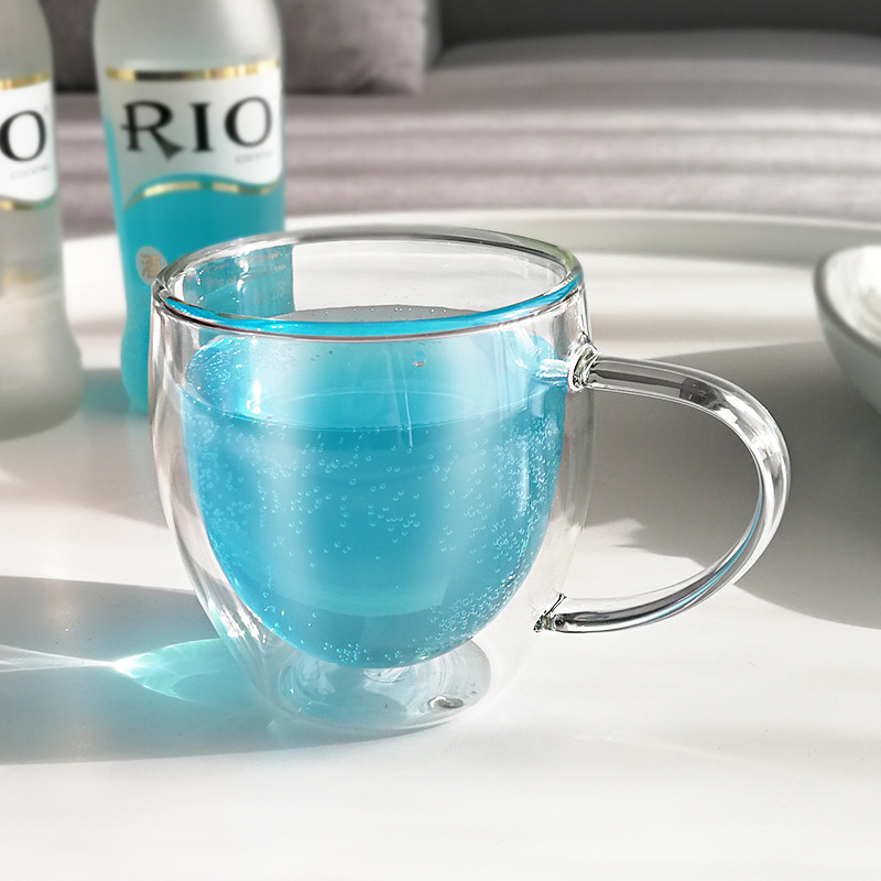 High borosilicate transparent water cup with logo creative cup, cross-border coffee cup with handle, heat-resistant double-layer glass cup Specification drawing