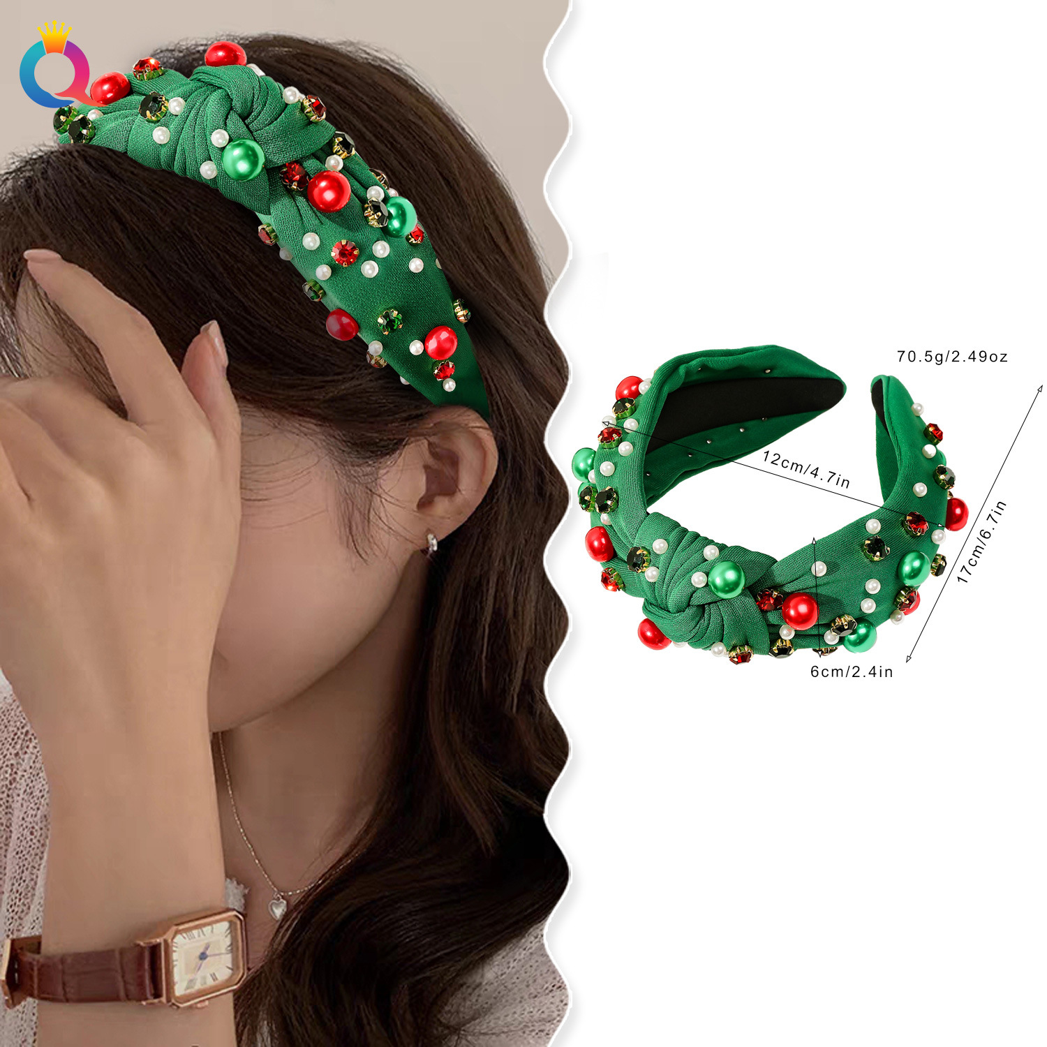 Qiyue Cross-border Christmas headband Wide edge diamond-encrusted pearl headband High skull top Santa Claus Hair Hole Hair Accessory wholesale for women Application Scenario