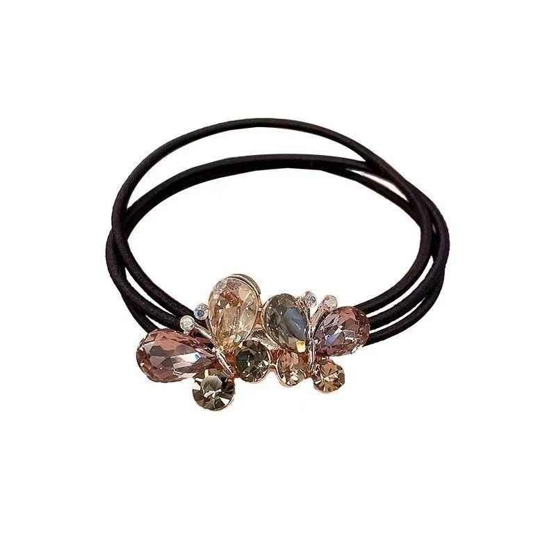 New Korean-style water diamond bow, high-end hair tie, women's semi-tied hair accessory, bun hairstyle, leather band hair tie Item Picture