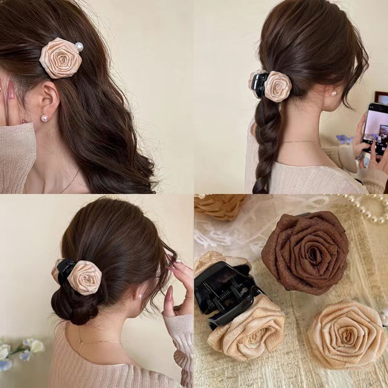 Retro dry rose flower hair clips, a mid-style flower hair clip, a high-end and exquisite shark clip for the back of the head details Picture
