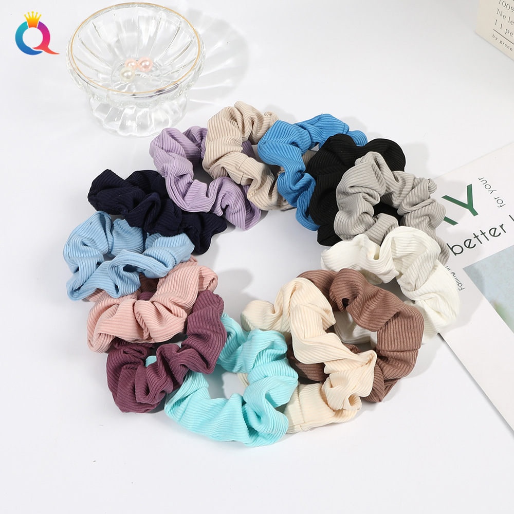 Qiyue Cross-border Amazon striped knitted large Intestine Hair Band Solid Color Simple small pit strip ponytail large Intestine Band wholesale details Picture