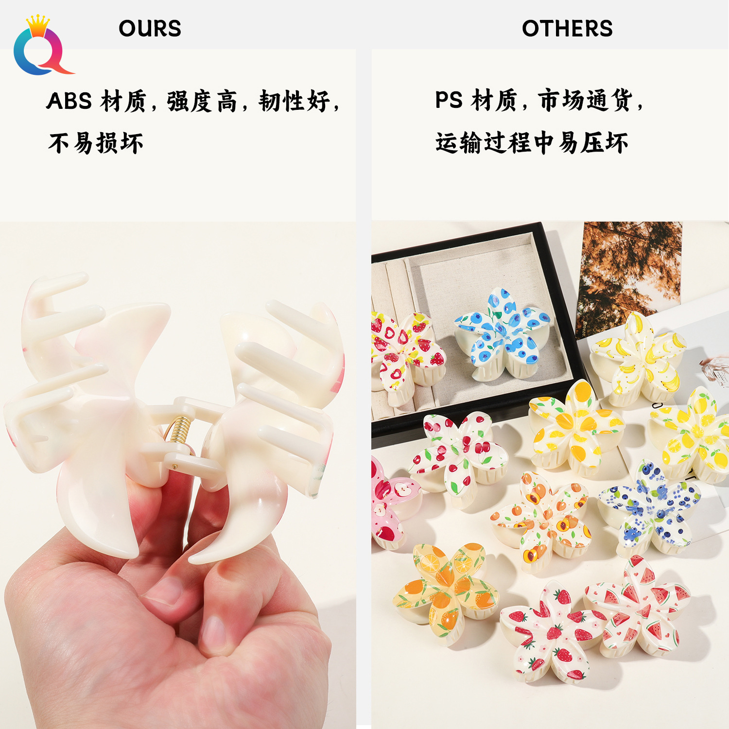 Qiyue Cross-border UV printed fruit grabber, Korean-style high-end egg flower back hair clip, elegant shark clip Specification drawing