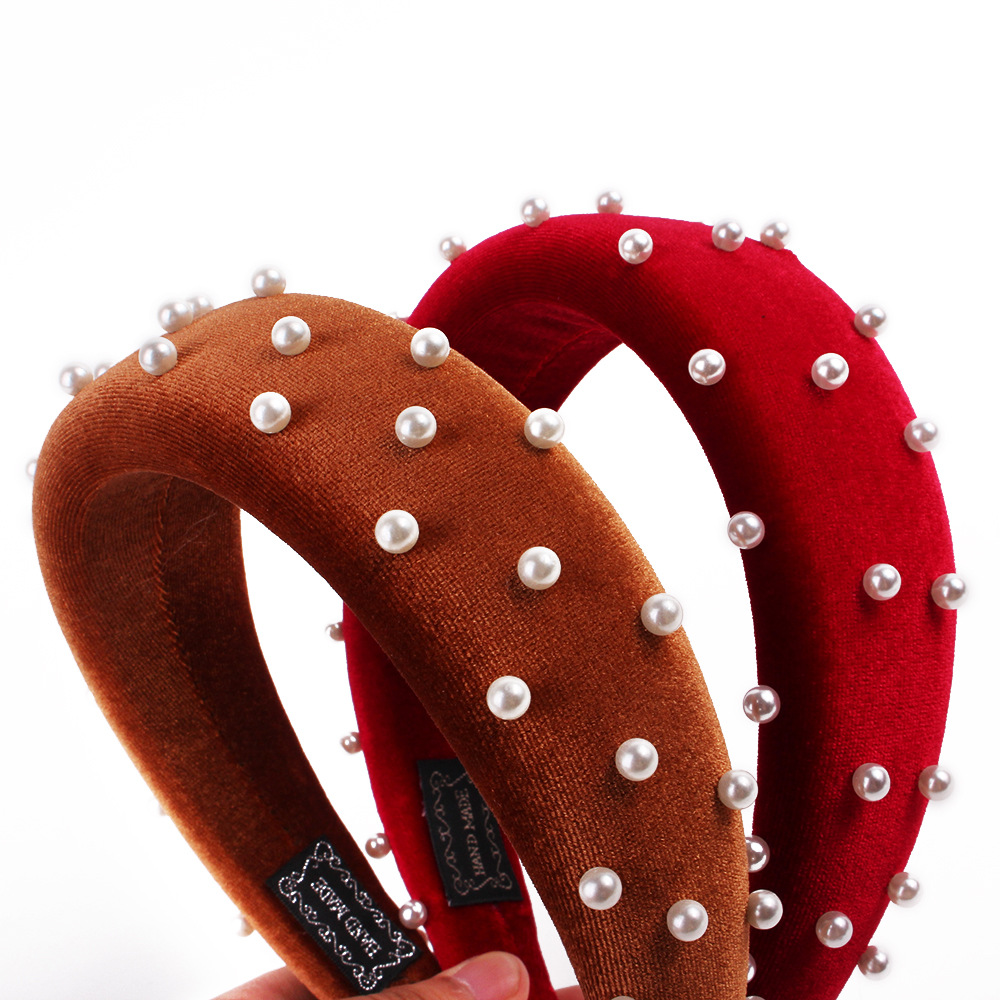 Qiyue Cross-border Trendsetter Fashion Show Creative New pearl knotted thickened sponge fleece hair band and headband E13 details Picture