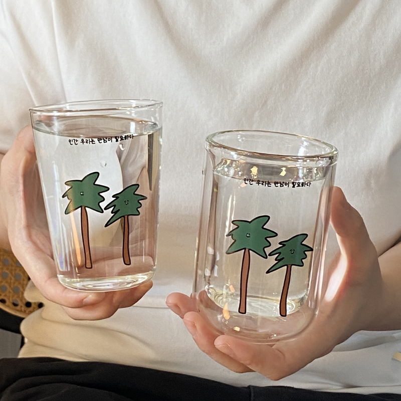 Self-made retro cartoon fun coconut tree glass cup, simple Chinese-style juice cup, cute cold drink cup, double-layered cup details Picture