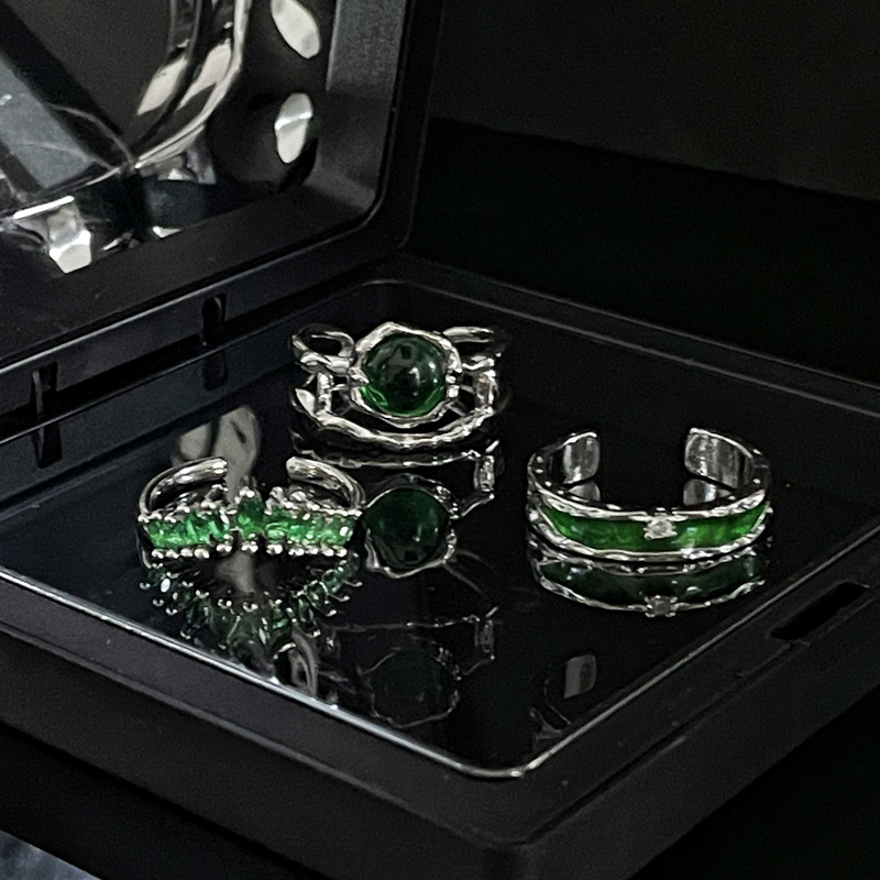 Sweet and cool, irregular texture, green drip glaze open ring, women's Instagram cold style, niche design sense, index finger ring trend details Picture