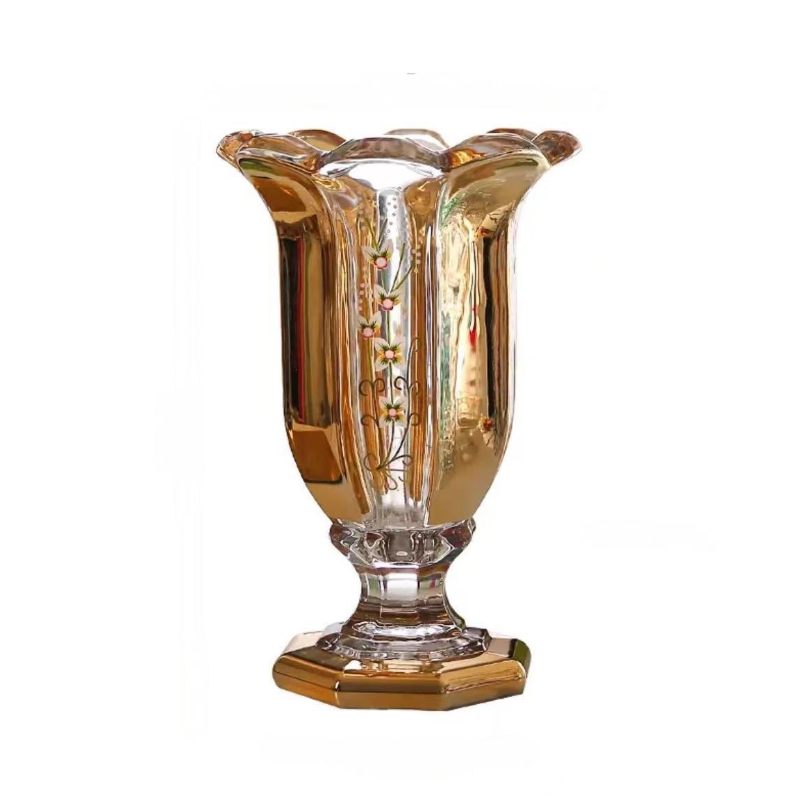 High-end gilded vases with enamel color craftsmanship for living room entrance hall flower arrangement soft furnishings, glass high-footed vases for home decoration Item Picture