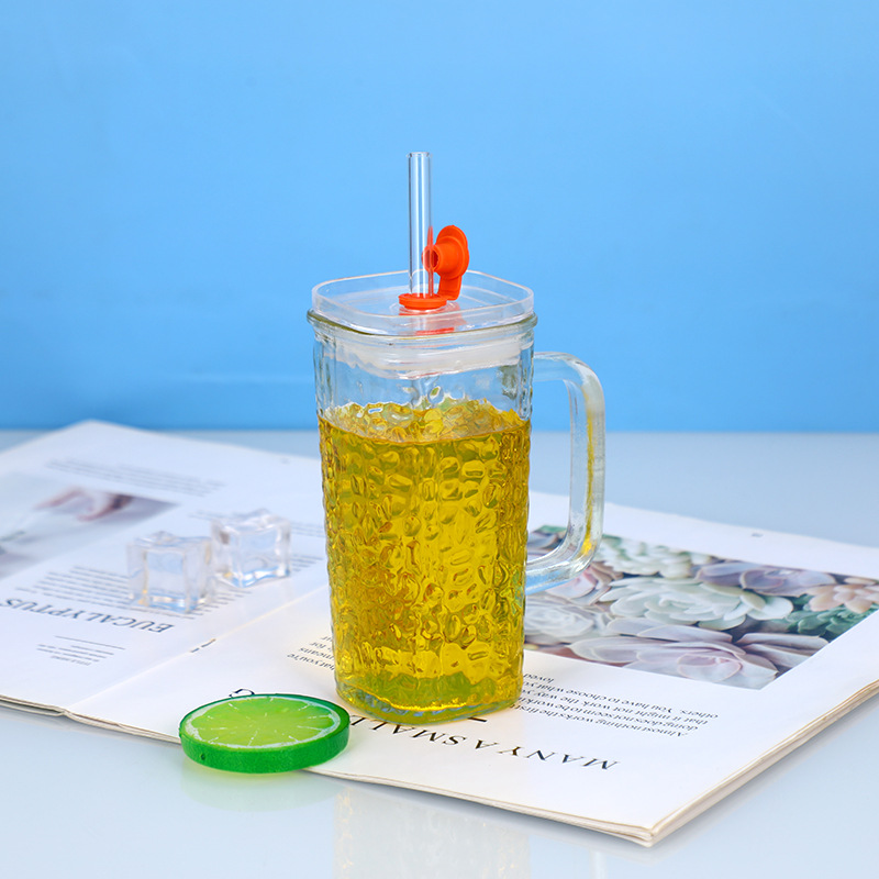 Simple and fashionable glass water cup with handle, vertical striped square glass water cup, straw cup, milk tea cup and beverage cup Specification drawing