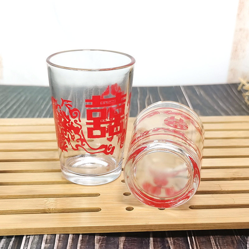 Wholesale of printed glass white spirit cups, wedding celebration characters, banquet wine cups, spirits cups, printed pattern tempered glass cups Application Scenario