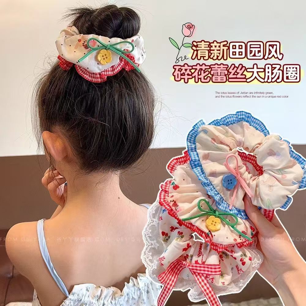 Korean girl's Instagram lace button, bow, large intestine circle, country-style bun, hair circle, low ponytail and hair tie details Picture