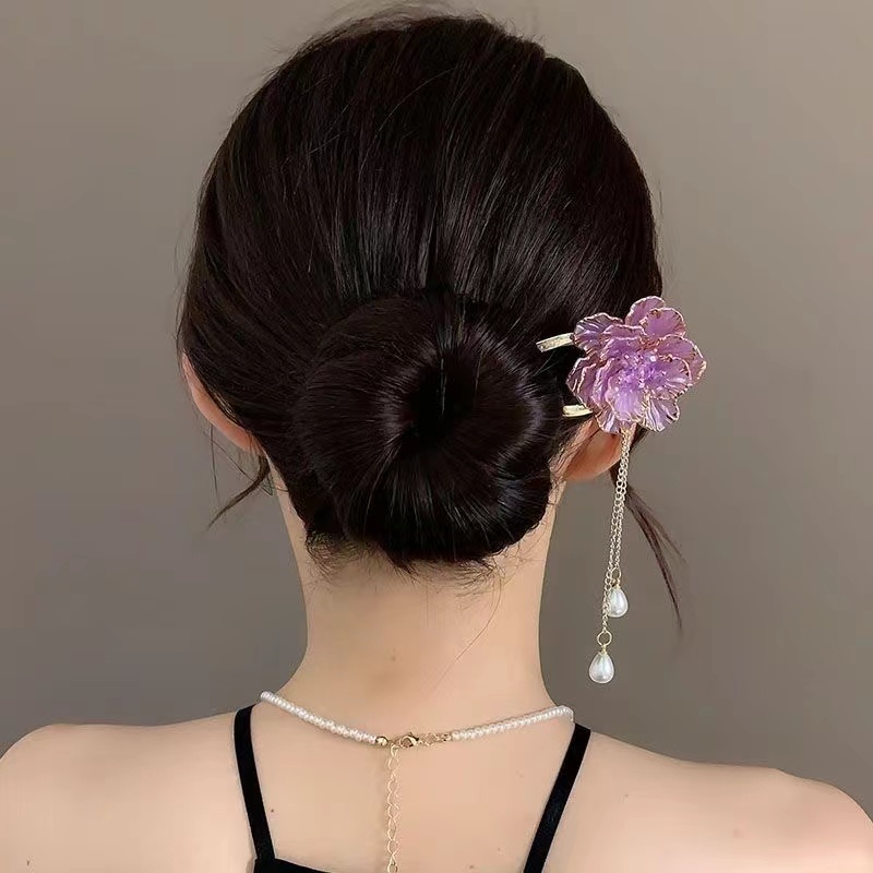 Exquisite peony-shaped tassel U-shaped hairpin for women, high-end updo hairpin, ancient-style hairpin, and hair dressing accessory Specification drawing