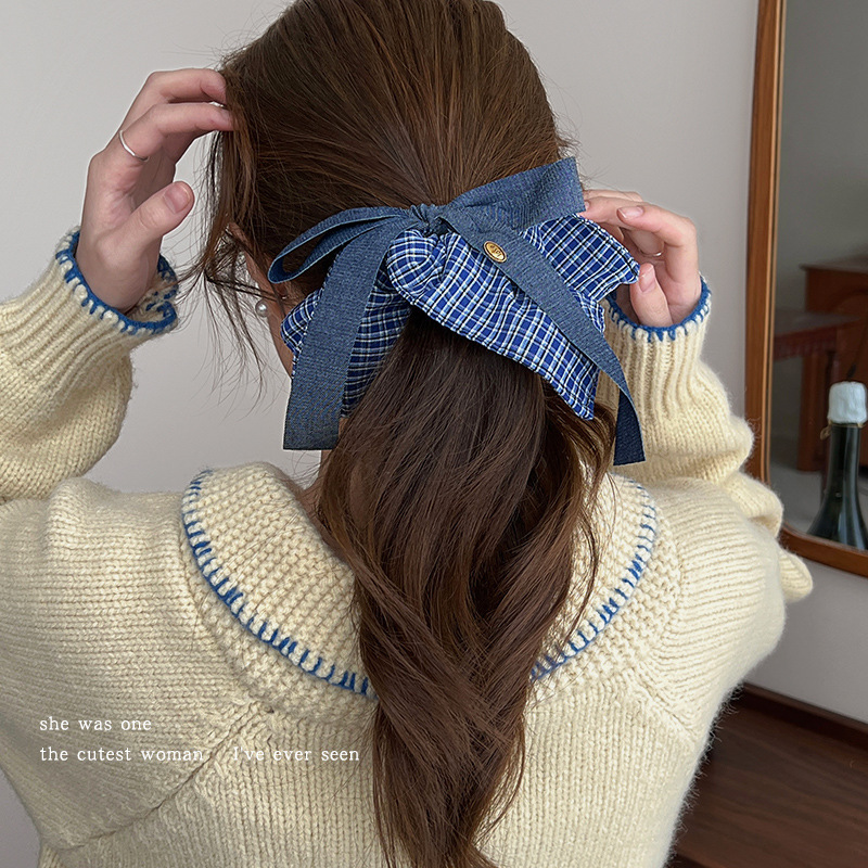 Korean-style blue checkered square scarf, large intestine hair band, Korean-style bow, elegant square hair tie, low ponytail bun hair accessory Specification drawing