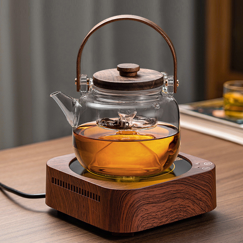 High-temperature resistant flower and plant teapot set, fruit boiling teapot, household steaming and boiling integrated wooden handle, glass vertical grain brewing teapot Specification drawing