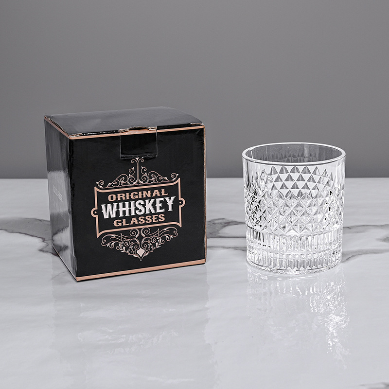 Single boxed embossed whisky wine glass, European glass wine glass, bar beer glass, export pearl cotton set Specification drawing