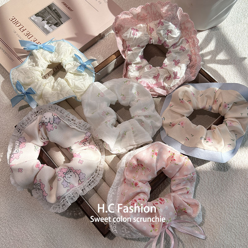 Korean-style fabric blue border floral large intestine hair band, forest-style hair accessory, sweet and cute bun hairstyle for women, new hair accessory full figure