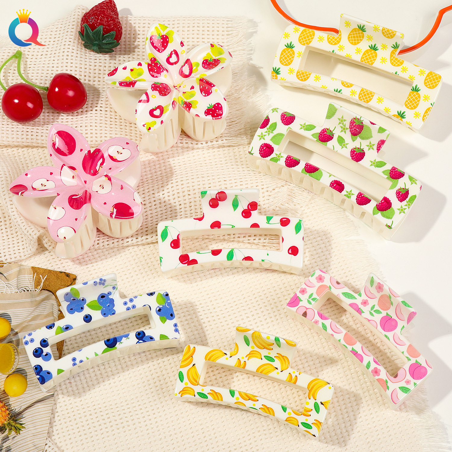 Qiyue Cross-border Summer Fresh Fruit Print Hair clips, high-end UV print grab clips, shark clip hair accessories wholesale Application Scenario