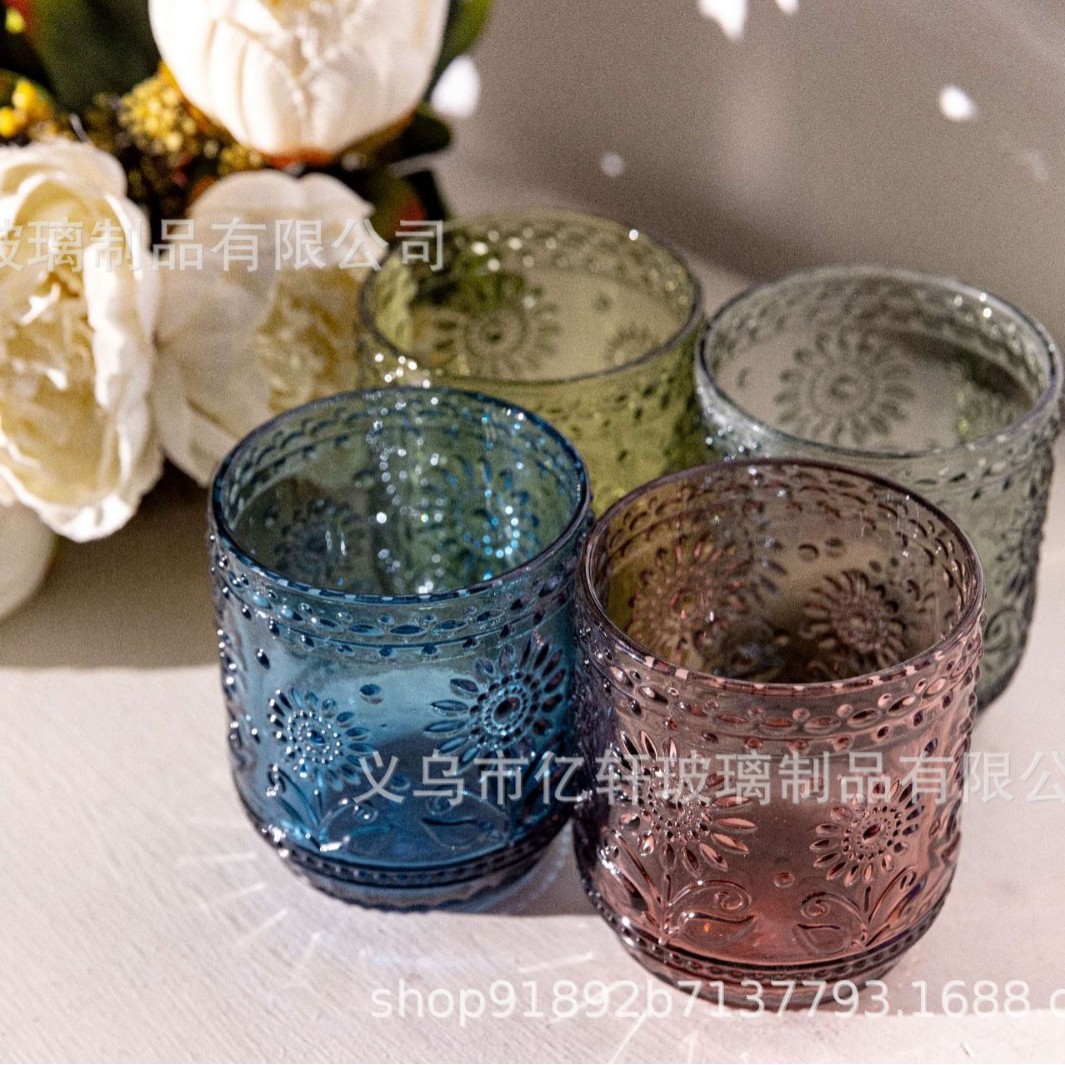 Factory wholesale vintage embossed sunflower colored glass water cups, sunflower household milk and juice cups, cold drink cups Specification drawing