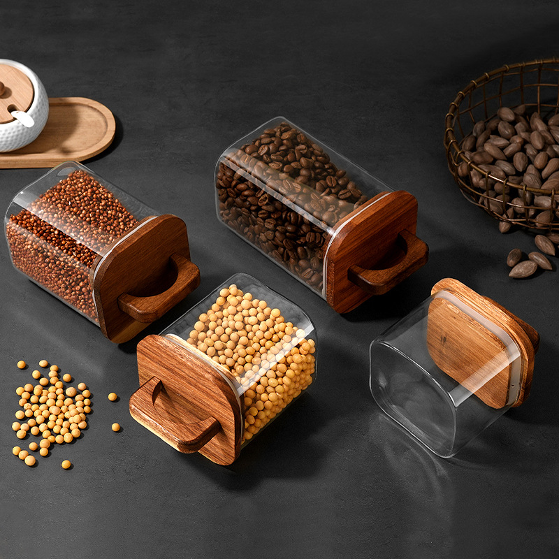 High borosilicate square glass bottle, food-grade storage jar for dried tangerine peel and coffee beans, tea sealed storage with wooden lid, storage jar details Picture