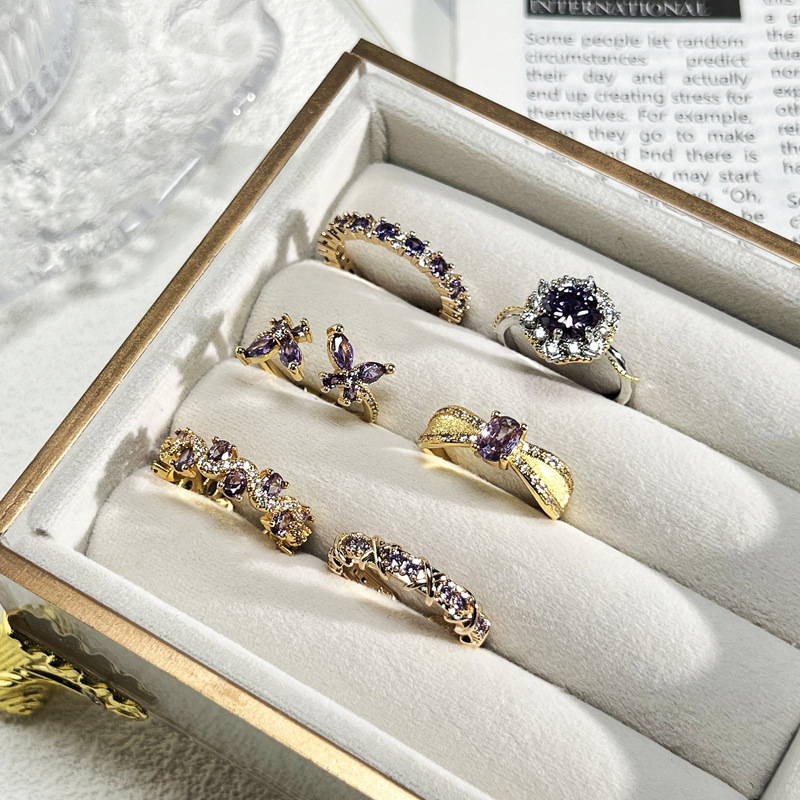 This exquisite and high-end hand-held flower, Roland purple diamond, zircon open ring, is a unique, sweet and cool design with a light luxury feel for women Specification drawing