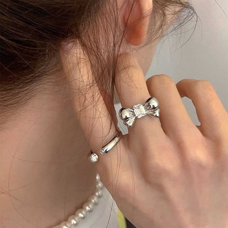 Simple and fashionable bow zircon ring, women's personality, ins style, cold style, open high-end design, index finger ring details Picture
