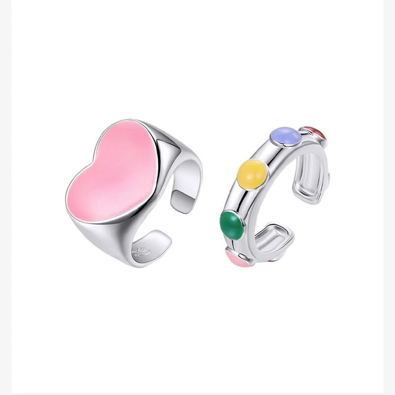 Sweet and cool style heart-shaped opening ring, a niche design for women, a high-end ring with a fashionable and individual green index finger ring set Item Picture