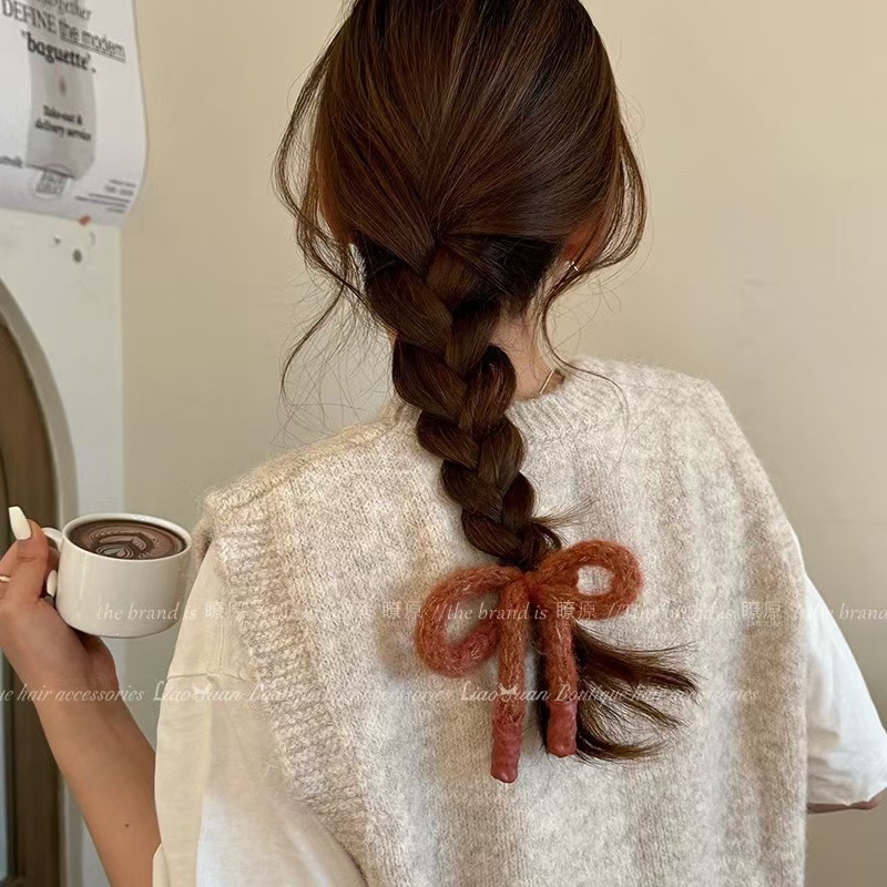 Korean cute bow headwear, spring and summer woolen hair bands, simple hair ties, new high-end hair tie rubber bands for women wholesale full figure