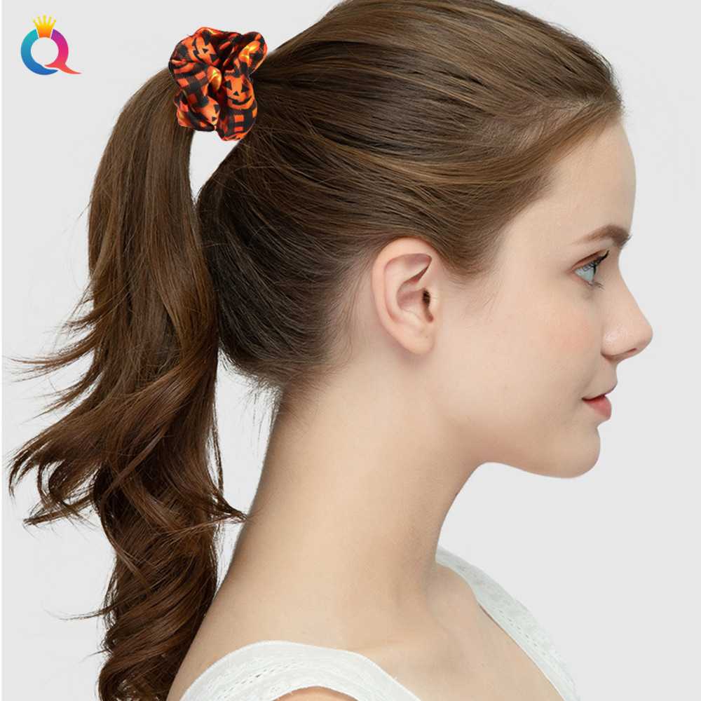 Qiyue European and American Halloween Large Intestine Hair bands, pumpkin hair ties, skull heads, fabric spring clips, holiday hair accessories for women wholesale Specification drawing