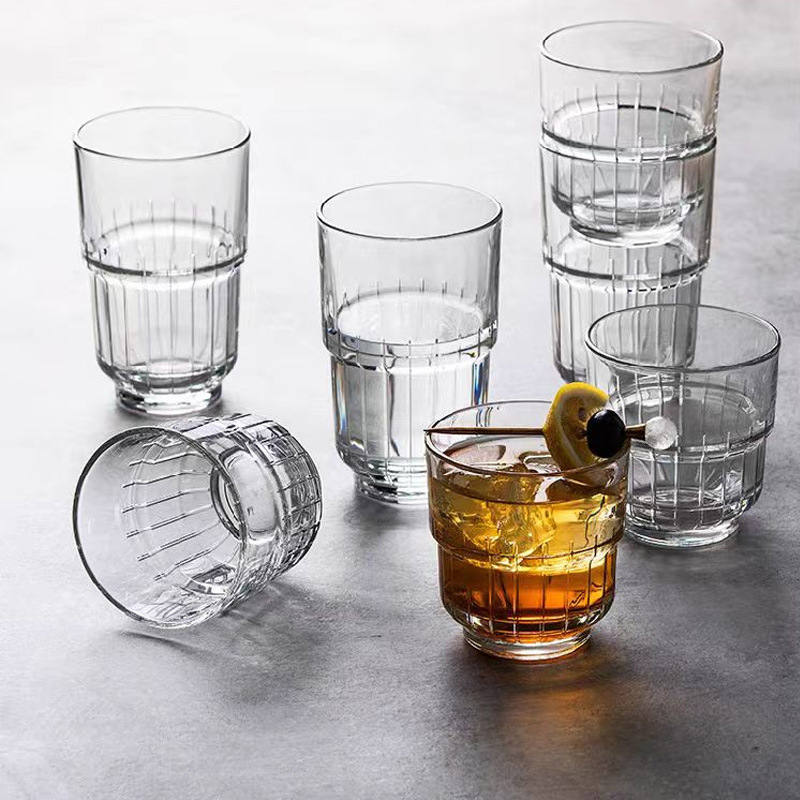 American latte coffee cup, retro striped stackable glass cup, beverage juice beer mug, milk tea brewing cup details Picture