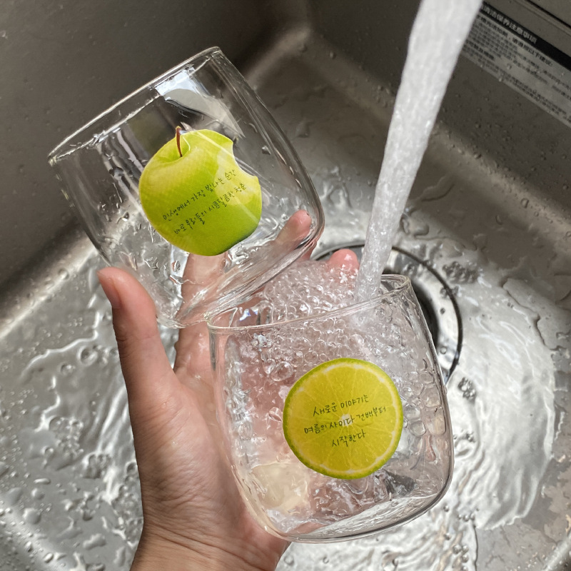 Korean ins natural style green apple lemon glass water cup, fresh and heat-resistant juice cup, simple and artistic milk cup Specification drawing
