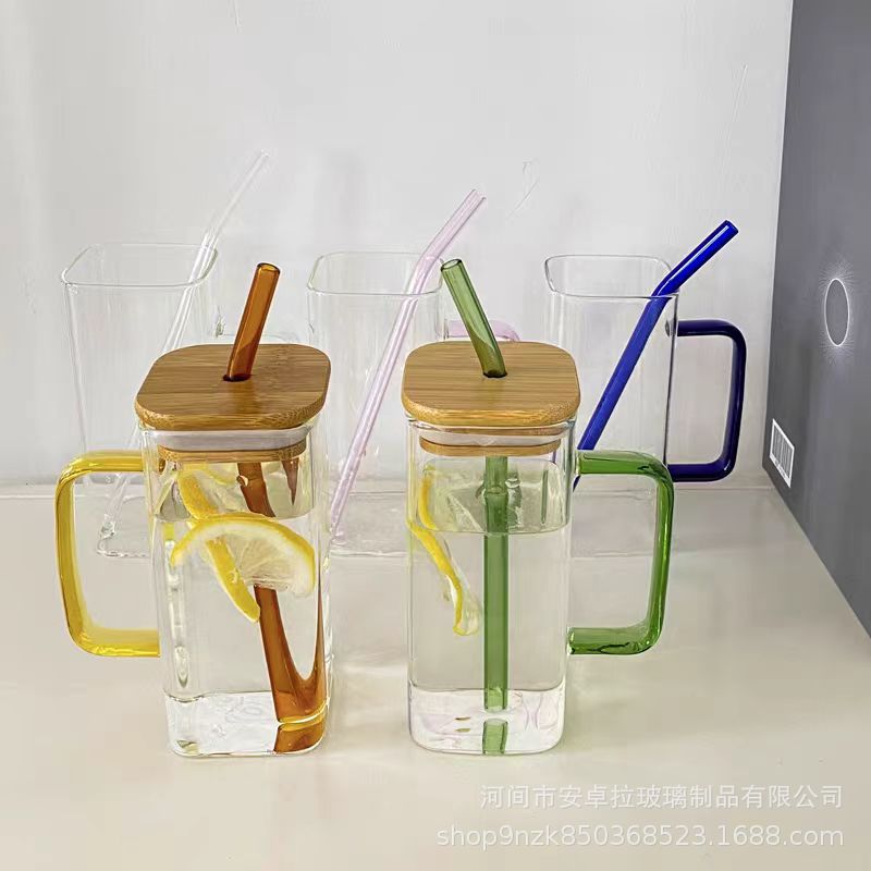 High borosilicate water cup with colorful handle straw, creative household square glass cup, ladies' water cup, simple and ins style Specification drawing