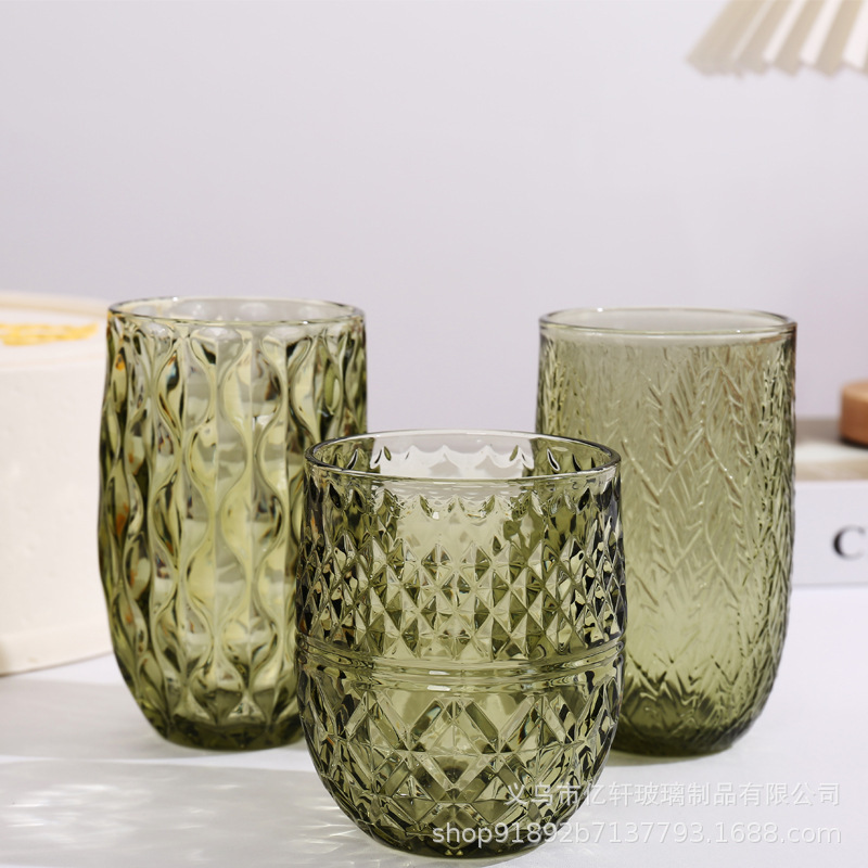 Factory wholesale cross-border European-style embossed household glass water cups, bar juice cups, hotel supplies, thickened mouthwash cups full figure