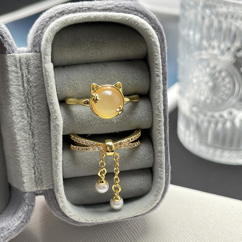 Exquisite French pearl chain tassel, elegant open ring, cat-eye, niche, simple, fashionable and versatile food ring Specification drawing