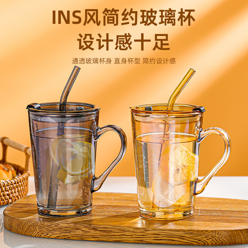 450ml glass cup with handle, high appearance level, office home drinking cup, ins style straw cup, coffee cup details Picture